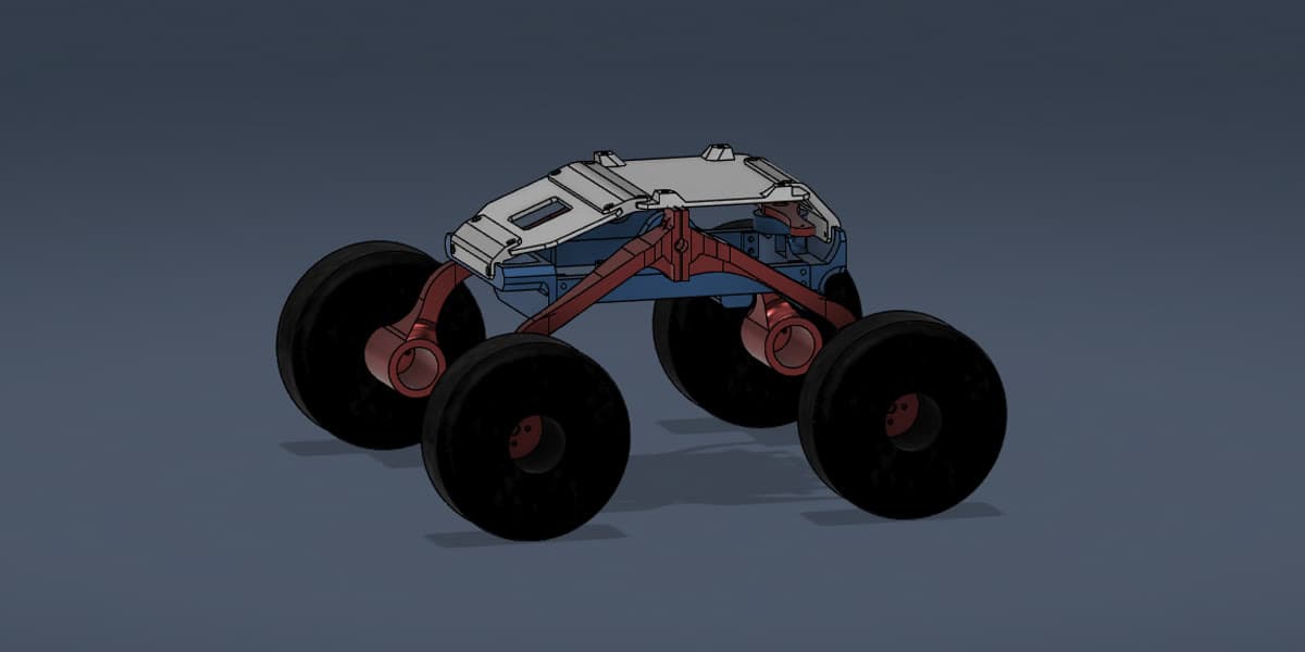 CAD render of the 4WD exploration rover chassis and suspension